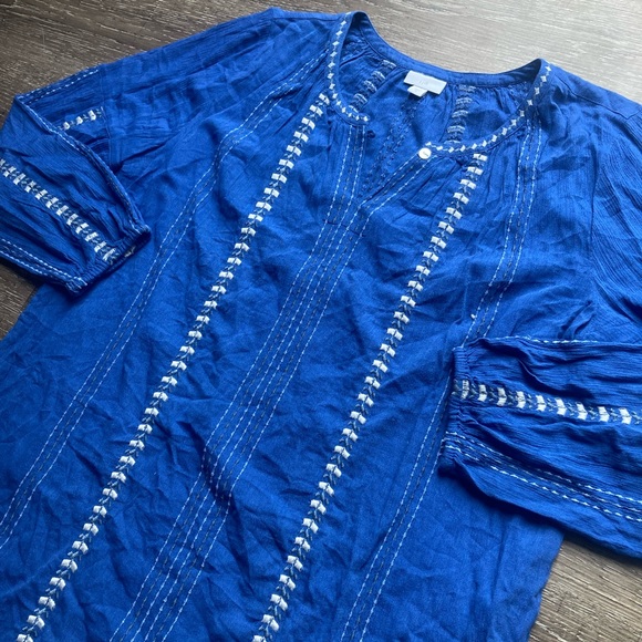 J Jill Blue Peasant Shirt Embroidered Size Medium - Picture 1 of 4